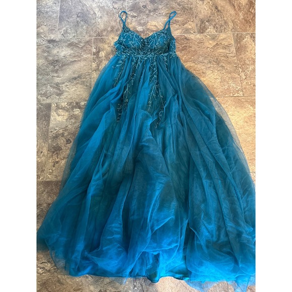 Stacees Women's Teal Beaded Formal Gown Spaghetti Strap Evening Dress Size 6 - Picture 1 of 10